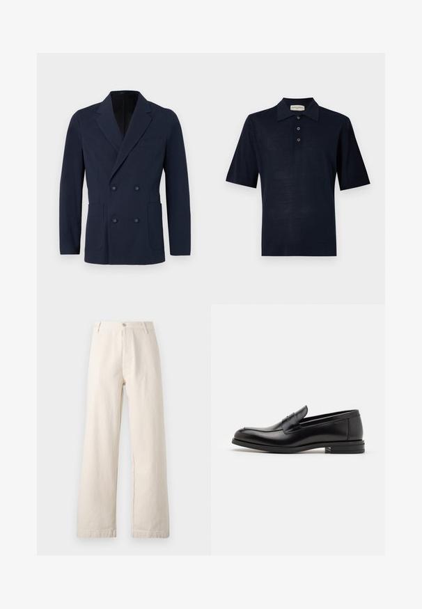 Double-breasted navy blazer in textured fabric, featuring two front pockets, notched lapels, and decorative buttons on the front.; Navy blue polo shirt made of soft fabric, featuring a classic collar, three-button placket, and short sleeves. Smooth texture, minimal design.; Beige wide-leg trousers made of cotton. Features a front button fly, belt loops, and a clean, unembellished design with a textured finish.; Black leather loafers with a smooth texture, rounded toe, and a decorative strap across the vamp. Low stacked heel, minimalist design.