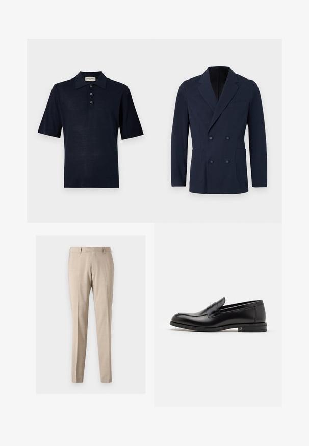 Dvojřadý navy blazer z texturované látky, který má dvě přední kapsy, klopové límce a dekorační knoflíky na přední straně.; Námořnická modrá polo košile vyrobená z měkké tkaniny, s klasickým límečkem, třemi knoflíky a krátkými rukávy. Hladká textura, minimalistický design.; Béžové zúžené kalhoty vyrobené z lehké tkaniny, s předními sklady, dvěma bočními kapsami a hladkým povrchem.; Černé kožené polobotky s hladkou texturou, zaoblenou špičkou a zdobným páskem přes nárt. Nízký stohovaný podpatek, minimalistický design.
