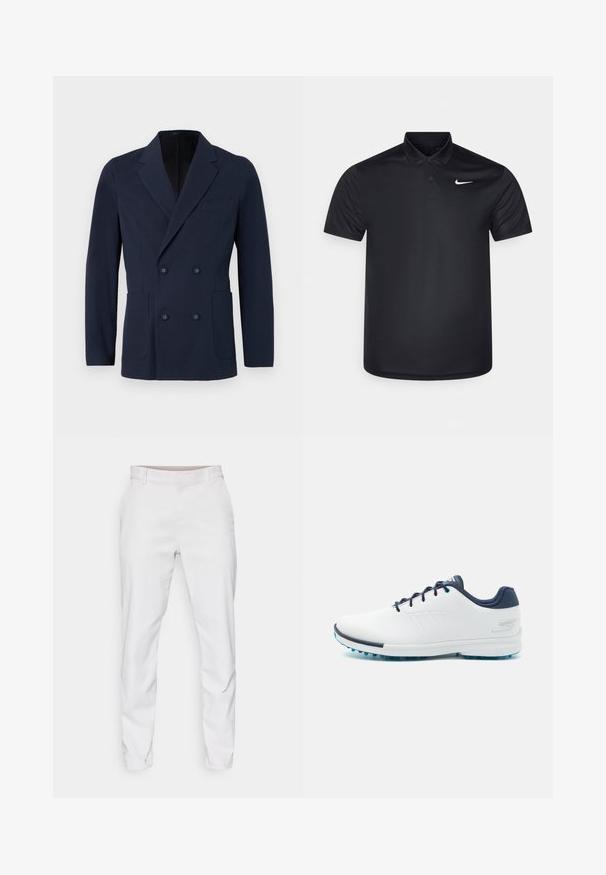 Divkāršā jaka tumši zila krāsā no struktūrizēta auduma, ar divām priekšējām kabatām, izgrieztām apkaklēm un dekoratīvām pogām priekšpusē.; Melna polo krekla, kas izgatavots no gludas auduma, ar apkakli, divām pogām un mazu balto Nike logotipu kreisajā krūtī.; Baltas bikses ar gludu audumu, pieguļošu dizainu un taisnu priekšpusi. Nav redzamu kabatu vai rakstu. Tīrs apmale pie potītēm.; Baltas sporta apavos ar gludu sintētisku virsu, ziliem akcentiem, teksturētu tumši zilu papēdi un vieglu, ar kājām izstrādātu zoli, kas nodrošina saķeri.