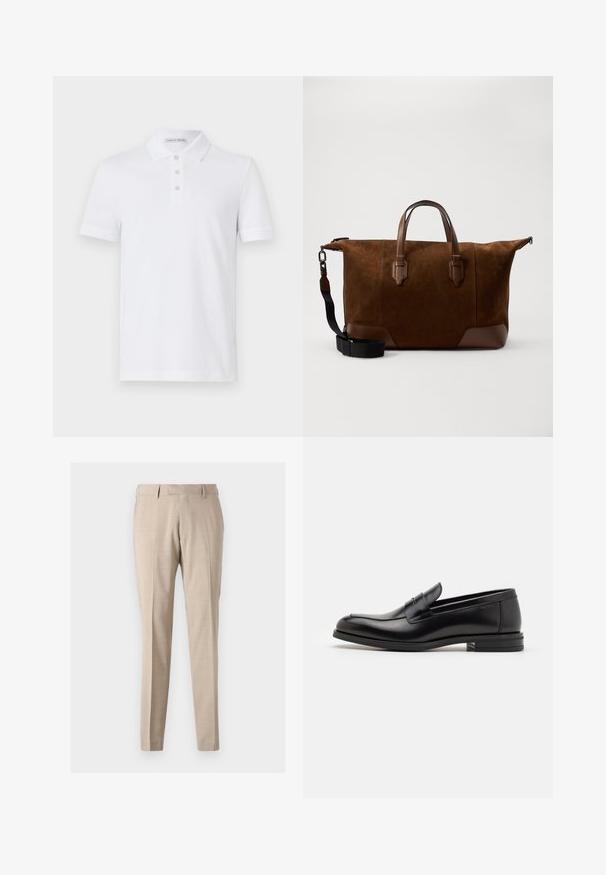 Dubbelknäppt marinblå blazer i texturerad tyg, med två framfickor, slagkragar och dekorativa knappar på framsidan.; Vit pikétröja i bomull med tvåknappsknäppning, korta ärmar och subtil logotypdetalj på bröstet. Slät textur.; Mörkblå pikétröja i mjukt material, med klassisk krage, knappslå med tre knappar och korta ärmar. Slät textur, minimalistisk design.; Beige taperade byxor tillverkade av ett lätt tyg, med frontveck, två sidofickor och en mjuk textur.; Svarta läderloafers med en slät yta, rund tå och ett dekorativt band över främre delen. Låg staplad klack, minimalistisk design.; Brun mockaläder duffelväska med mörka läderdetaljer, dubbla handtag upptill, justerbar axelrem och robust dragkedjestängning.