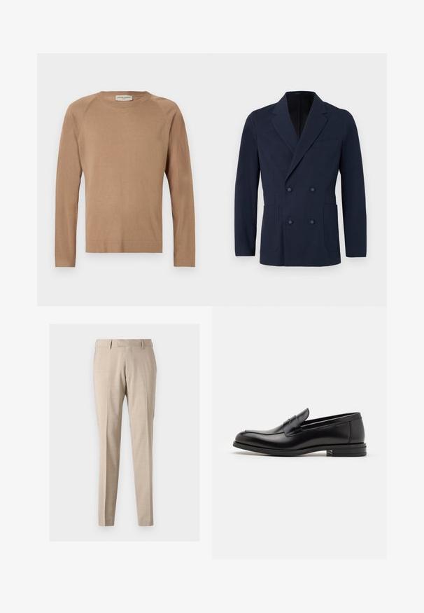 Dvojřadý navy blazer z texturované látky, který má dvě přední kapsy, klopové límce a dekorační knoflíky na přední straně.; Světle hnědý pletený svetr s dlouhými rukávy, kulatým výstřihem a raglánovými švy. Měkká textura a jednoduchý design. Bez ozdob a univerzální.; Námořnická modrá polo košile vyrobená z měkké tkaniny, s klasickým límečkem, třemi knoflíky a krátkými rukávy. Hladká textura, minimalistický design.; Béžové zúžené kalhoty vyrobené z lehké tkaniny, s předními sklady, dvěma bočními kapsami a hladkým povrchem.; Černé kožené polobotky s hladkou texturou, zaoblenou špičkou a zdobným páskem přes nárt. Nízký stohovaný podpatek, minimalistický design.