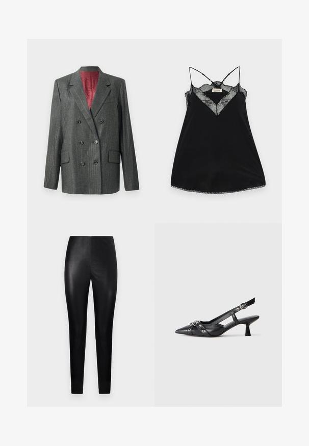 Mörkgrå dubbelknäppt kavaj i tyg med subtila ränder, med svarta knappar, slagkrage och en kontrasterande röd foder.; Svart cami med justerbara axelband, prydd med en spetsig djup urringning och vågiga kanter. Slät tyg med en lätt glans.; Svarta, högmidjade leggings gjorda av slät konstläder, med en figurnära design och avsmalnande ben. Inga synliga detaljer eller mönster.; Svart lädersko med slingback-design, spetsig tå, dekorativa remmar med metallöglor och en låg klack. Texturerad yta.