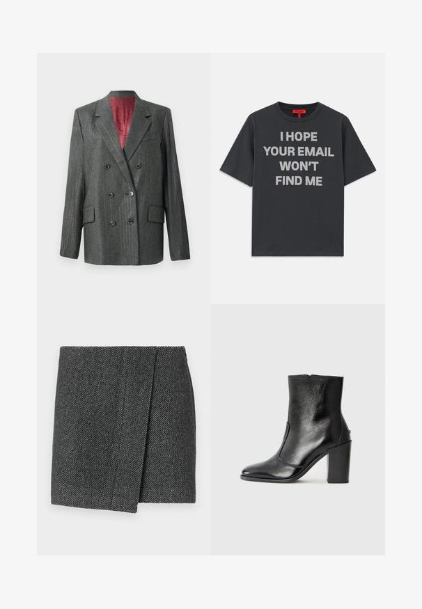Tamsiai pilkas dvigubas švarkas su subtiliomis juostelėmis, turintis juodus mygtukus, įpjautus atlapus ir kontrastingą raudoną pamušalą.; Pilkas medvilnės marškinėliai su apvalia iškirpte ir trumpomis rankovėmis. Savybė: ryškus baltas užrašas: „TIKIUOSI, KAD TAVO EL. PAŠTAS MANE NERAS."; Pilkas herringbone rašto sijonas su apvijaus dizainu, pasižymintis tekstūruota medžiaga ir tvarkinga tiesia apvadu.; Juodas odinis kulkšninis batas su lygiu paviršiumi, smailiu pirštu ir masyviu aukštu kulnu. Savybė - šoninis atidarymas ir minimalistiškas dizainas.
