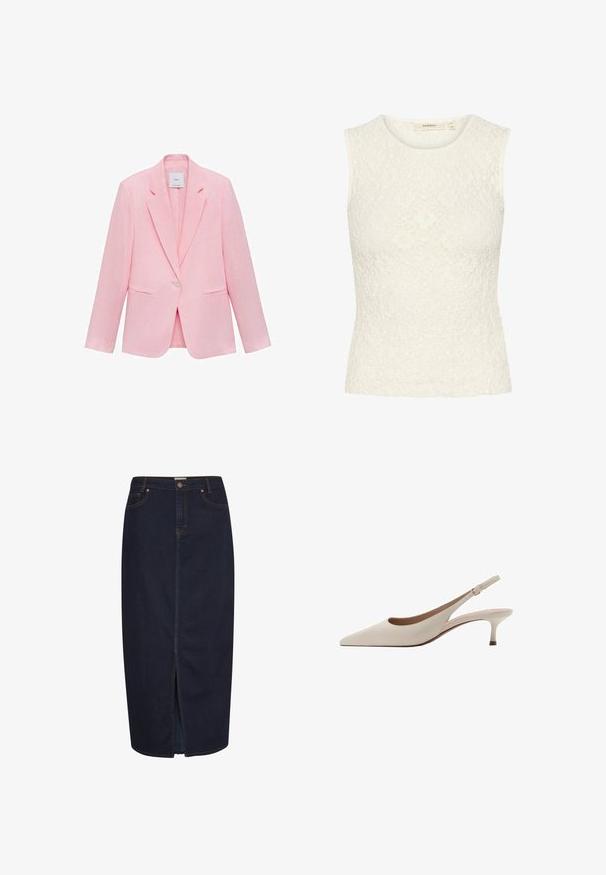 Vaaleanpunainen bleiseri, jossa on lovellinen kaulus, yksinkertainen nappikiinnitys ja kaksi etutaskua. Valmistettu kevyestä kankaasta, jossa on sileä pinta.; Hihaton paita valkoisesta pitsikankaasta, jossa on teksturoitu kukkakuvio. Sopiava malli, pyöreä pääntie ja sileät helmapäät.; Tummansininen maksihame, jossa on etuleikkaus. Varustettu oranssilla ompelulla ja klassisella viidellä taskulla. Napitettava suljenta vyötäröllä.; Beige avokkaat, joissa on terävä kärki ja matala, löysä kanta. Valmistettu sileästä nahasta, minimalistisella suunnittelulla ja säädettävällä hihnalla.