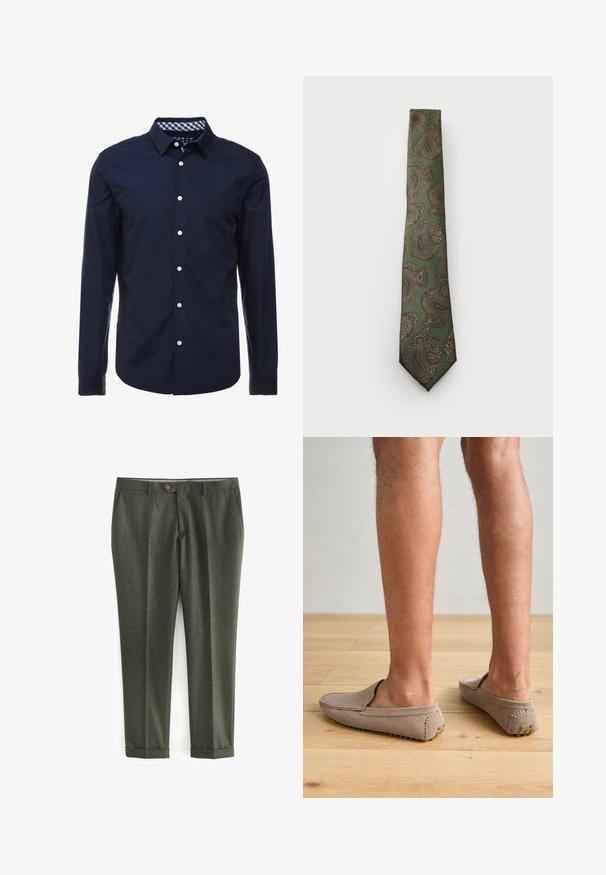 Roheline villane bleiser, millel on õmmeldud krae, pruuni nööbi sulgemine ja kaks eesmist taskut. Sees on mustriga vooder ja taskurätik.; Tumesinise pika varrukaga särk, millel on nööbid alla kaeluses, kontrastse ruudulise sisekaeluse ja valged nööbid ees. Sile tekstuur.; Tumedatest kangastest tumerohelised püksid, millel on küljetaskud, eest nupuga sulgemine ja üleskeeratud sääred, mis annavad selge lõike.; Bež suédist slip-on kingad, millel on ümar varvas ja dekoratiivne õmblemine, ning tekstureeritud kummist tallad koos väikeste kuldsete aktsentidega.; Roheline lips, millel on pruun ja kuldne paisleimuster. Sellel on tekstureeritud kangas ja kitsas disain terava tipuga.