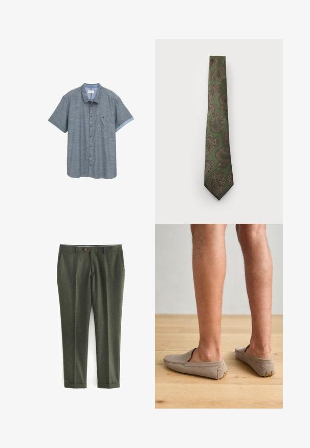 Green wool blazer with a notched collar, brown button closure, and two front pockets. Interior features a patterned lining and pocket square.; Short-sleeve button-up shirt in dark gray with a subtle texture, featuring a chest pocket and contrasting light blue cuffs.; Dark green trousers made of textured fabric, featuring side pockets, a front button closure, and rolled cuffs for a tailored look.; Beige suede slip-on shoes with a rounded toe and decorative stitching, featuring textured rubber soles with small golden accents.; Green tie with a paisley pattern in brown and gold. It features a textured fabric and a narrow design with a pointed tip.