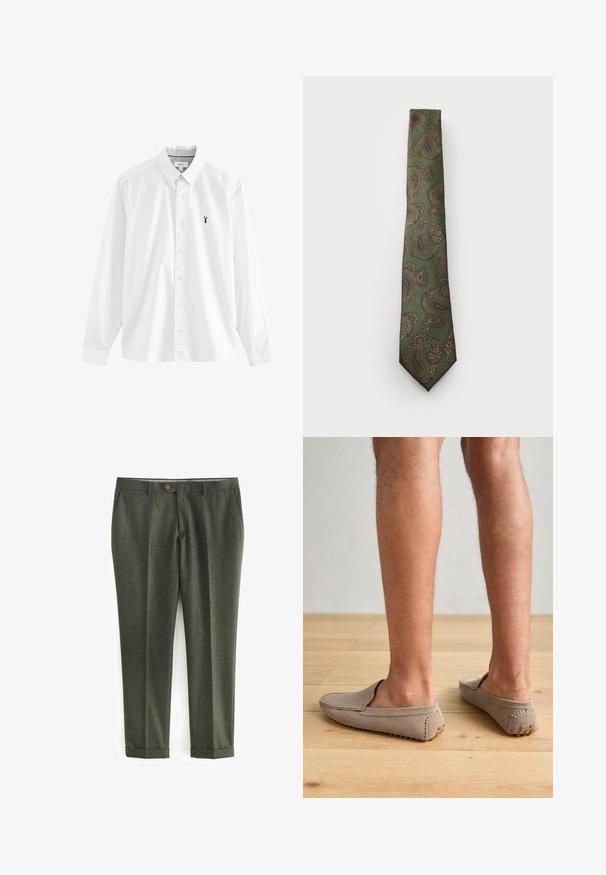 Blazer de lana verde con cuello de muesca, cierre de botón marrón y dos bolsillos frontales. El interior cuenta con un forro estampado y un pañuelo de bolsillo.; Camisa blanca de manga larga hecha de algodón. Presenta un cuello tipo polo, botones amarillos y un pequeño logo de langosta en color navy en el lado izquierdo del pecho.; Pantalones verde oscuro de tela texturizada, con bolsillos laterales, cierre frontal con botón y dobladillos enrollados para un aspecto ajustado.; Zapatos slip-on de ante beige con punta redondeada y costuras decorativas, con suelas de goma texturizadas que presentan pequeños acentos dorados.; Corbata verde con un patrón de cachemir en marrón y dorado. Presenta una tela texturizada y un diseño estrecho con una punta afilada.; Reloj digital Casio con una correa de metal en color oro rosa, caja rectangular, pantalla iluminada y resistencia al agua, que muestra la hora y la fecha.