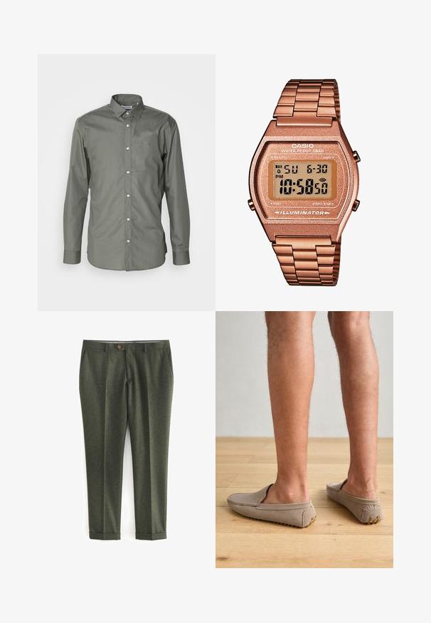 Zielony wełniany żakiet z wyciętym kołnierzem, brązowym zapięciem na guziki i dwiema przednimi kieszeniami. Wewnątrz znajduje się wzorzysta podszewka i poszetka.; Męska koszula z długim rękawem w oliwkowym kolorze, zapinana na guziki, z kołnierzykiem typu spread i zaokrąglonymi mankietami o subtelnej teksturze.; Ciemnozielone spodnie wykonane z teksturowanej tkaniny, z bocznymi kieszeniami, z przodem na guzik i podwiniętymi mankietami, dla uzyskania eleganckiego wyglądu.; Beżowe zamszowe buty wsuwane z okrągłym noskiem i dekoracyjnym przeszyciem, z teksturowanymi gumowymi podeszwami z małymi złotymi akcentami.; Cyfrowy zegarek Casio z różowo-złotą metalową bransoletą, prostokątną kopertą, podświetlanym wyświetlaczem i wodoodpornością, pokazujący czas i datę.