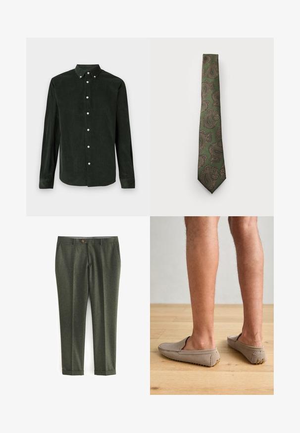 Vihreä villakangastakki, jossa on viistetyt kaulukset, ruskea napitus ja kaksi etutaskua. Sisäpuolella on kuvioitu vuori ja taskuliina.; Tummanvihreä viittakomero pitkähihaisella napituksella, jossa on napitettavat kaulukset valkoisella taustalla.; Tummanvihreät housut, jotka on valmistettu teksturoidusta kankaasta. Niissä on sivutaskut, etupainike ja käännetyt lahkeet, jotka antavat räätälöidyn ilmeen.; Beige nahkasaappaat, joissa on pyöristetty kärki ja koristeelliset ompeleet. Kenkien pohjassa on teksturoitu kumipohja, jossa on pieniä kultaisia yksityiskohtia.; Vihreä solmio, jossa on ruskea ja kultainen paisley-kuvio. Siinä on teksturoitu kangas ja kapea muotoilu, jossa on terävä kärki.; Digitaalinen Casio-kello, jossa on ruusukultainen metalliranneke, suorakaiteen muotoinen kuori, valaistu näyttö ja vedenkestävyys, näyttää ajan ja päivämäärän.