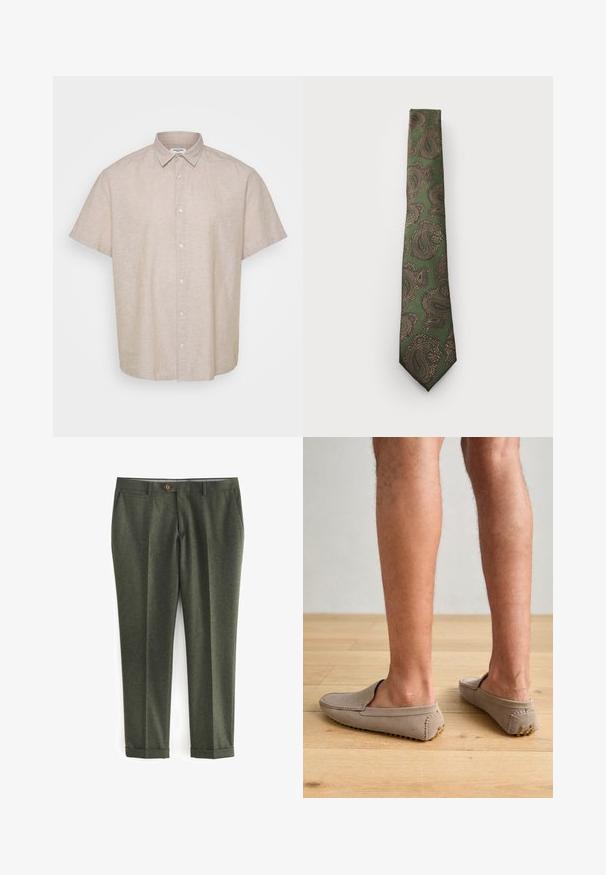 Vihreä villakangastakki, jossa on viistetyt kaulukset, ruskea napitus ja kaksi etutaskua. Sisäpuolella on kuvioitu vuori ja taskuliina.; Lyhythihainen, kauluksellinen paita vaaleasta beigeistä pellavasta. Ominaisuuksiin kuuluu nappikiinnitys edessä ja väljä istuvuus, jossa on sileä, tekstuuri pinta.; Tummanvihreät housut, jotka on valmistettu teksturoidusta kankaasta. Niissä on sivutaskut, etupainike ja käännetyt lahkeet, jotka antavat räätälöidyn ilmeen.; Beige nahkasaappaat, joissa on pyöristetty kärki ja koristeelliset ompeleet. Kenkien pohjassa on teksturoitu kumipohja, jossa on pieniä kultaisia yksityiskohtia.; Vihreä solmio, jossa on ruskea ja kultainen paisley-kuvio. Siinä on teksturoitu kangas ja kapea muotoilu, jossa on terävä kärki.; Digitaalinen Casio-kello, jossa on ruusukultainen metalliranneke, suorakaiteen muotoinen kuori, valaistu näyttö ja vedenkestävyys, näyttää ajan ja päivämäärän.