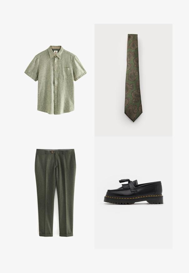 Blazer din lână verde, cu guler în formă de V, închidere cu nasture maro și două buzunare frontale. Interiorul are o căptușeală cu un model și un batista.; Next SHORT SLEEVE - Cămașă - green; Pantaloni verde închis dintr-un material texturat, cu buzunare laterale, închidere cu nasture în față și manșete răsucite pentru un aspect elegant.; Mocasini din piele neagră cu un accent ciufulit, având o talpă groasă neagră și cusături galbene pe margine. Finisaj texturat.; Cravat verde cu un model paisley în nuanțe de maro și aur. Are un material texturat și un design îngust cu vârf ascuțit.; Ceas digital Casio cu brățară din metal roz auriu, carcasă rectangulară, display iluminat și rezistență la apă, afişând ora și data.