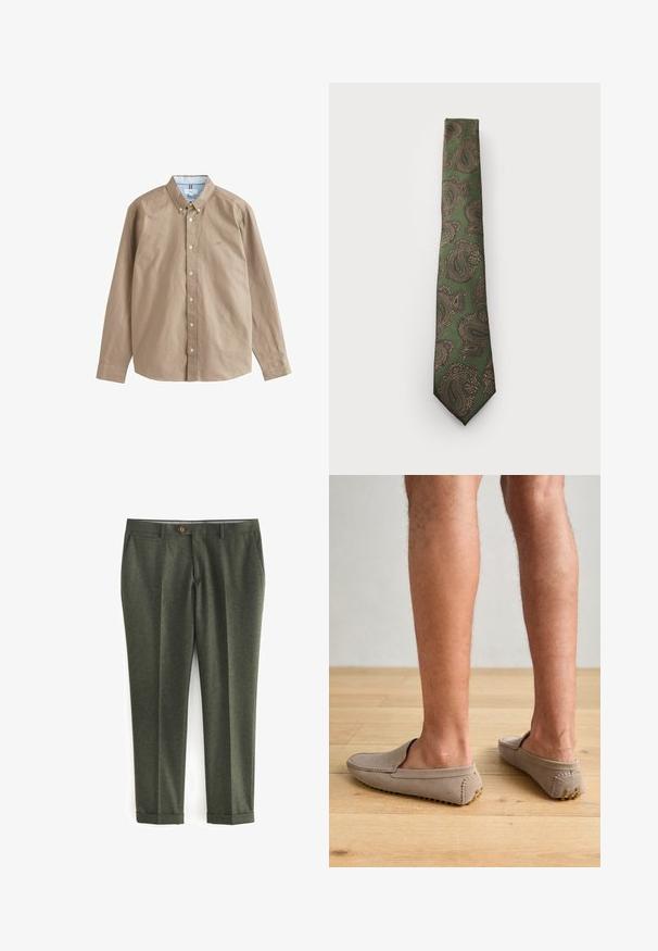 Zaļš vilnas žakets ar iegriezumu apkakli, brūnas pogas aizdare un divas priekšējās kabatas. Iekšpuse ar rakstainu podkātiņu un kabatas kvadrātu.; Ilgās piedurknes, ar pogām aizpogājama krekls no brūnas kokvilnas. Tam ir apkakle, baltas pogas un neliels logotips uz krūts. Iekšpusē ir zila svītru akcenta detaļa.; Tumši zaļi bikses, kas izgatavotas no teksturēta auduma, ar sānu kabatām, priekšējo pogu aizdari un rullētām piedurknēm elegantam izskatam.; Bežs zamšādas slip-on apavi ar noapaļotu purngalu un dekoratīvo šuvumu, ar reljefa gumijas zoli, kurai pievienoti mazi zelta akcenti.; Zaļš kaklasaite ar brūnu un zeltainu paisley rakstu. Tai ir teksturēta auduma virsma, šaura forma un norādīts gals.; Digitālais Casio pulkstenis ar rozā zelta metāla siksniņu, taisnstūra korpusu, apgaismotu displeju un ūdensizturību, kas attēlo laiku un datumu.