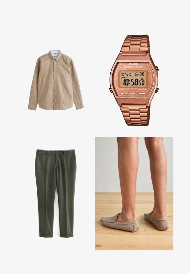 Groene wollen blazer met een gegolfde kraag, bruine knoopsluiting en twee voorkwikken. De binnenkant heeft een gestreept voering en een pochet.; Lange mouwen, button-down shirt in tan katoen. Beschikt over een kraag, witte knopen en een klein logo op de borst. De binnenkant heeft een blauwgestreepte accent.; Donkergroene broek van textured stof, met zijzakken, een knoopsluiting aan de voorkant en opgerolde manchetten voor een gepolijste uitstraling.; Beige suède instapschoenen met een ronde neus en decoratieve stiksels, met gestructureerde rubberen zolen met kleine gouden accenten.; Digitale Casio horloge met een roségouden metalen band, rechthoekige kast, verlicht display en waterdicht, toont tijd en datum.