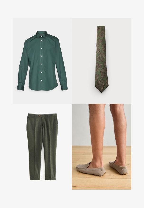 Blazer de lana verde con cuello de muesca, cierre de botón marrón y dos bolsillos frontales. El interior cuenta con un forro estampado y un pañuelo de bolsillo.; Camisa verde de botones, hecha de una tela suave, con cuello clásico, mangas largas y botones blancos en la parte delantera. Sin patrones.; Pantalones verde oscuro de tela texturizada, con bolsillos laterales, cierre frontal con botón y dobladillos enrollados para un aspecto ajustado.; Zapatos slip-on de ante beige con punta redondeada y costuras decorativas, con suelas de goma texturizadas que presentan pequeños acentos dorados.; Corbata verde con un patrón de cachemir en marrón y dorado. Presenta una tela texturizada y un diseño estrecho con una punta afilada.; Reloj digital Casio con una correa de metal en color oro rosa, caja rectangular, pantalla iluminada y resistencia al agua, que muestra la hora y la fecha.