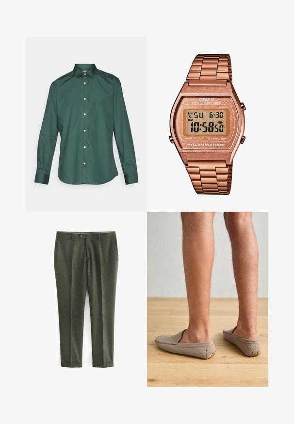 Zeleni vuneni sako s izrezanim ovratnikom, smešnim dugmetom i dva prednja džepa. Unutrašnjost sakoa ima uzorčanu podstavu i maramicu.; Zelena košulja na dugmadi izrađena od glatkog materijala, koja ima klasičan ovratnik, duge rukave i bijele dugmadi sprijeda. Bez uzoraka.; Tamnozelene hlače od teksturiranog materijala, s bočnim džepovima, prednjim zatvaranjem na dugme i okoštanim manžetama za krojeni izgled.; Bež zamšene cipele na vezanje s zaobljenim prstima i dekorativnim šavovima, s teksturiranim gumenim potplatima s malim zlatnim akcentima.; Digitalni Casio sat s metalnom narukvicom u ružičastom zlatu, pravokutnim kućištem, osvijetljenim zaslonom i vodootpornošću, prikazuje vrijeme i datum.