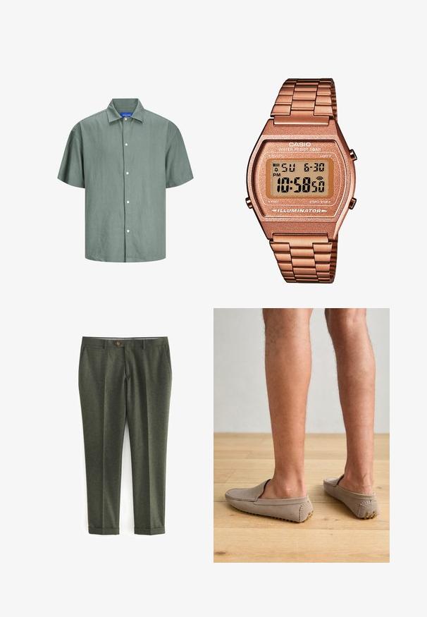 Groene wollen blazer met een gegolfde kraag, bruine knoopsluiting en twee voorkwikken. De binnenkant heeft een gestreept voering en een pochet.; Korte mouwen groene button-up shirt gemaakt van lichtgewicht stof. Heeft een klassieke kraag en witte knopen aan de voorkant. Casual ontwerp.; Donkergroene broek van textured stof, met zijzakken, een knoopsluiting aan de voorkant en opgerolde manchetten voor een gepolijste uitstraling.; Beige suède instapschoenen met een ronde neus en decoratieve stiksels, met gestructureerde rubberen zolen met kleine gouden accenten.; Digitale Casio horloge met een roségouden metalen band, rechthoekige kast, verlicht display en waterdicht, toont tijd en datum.