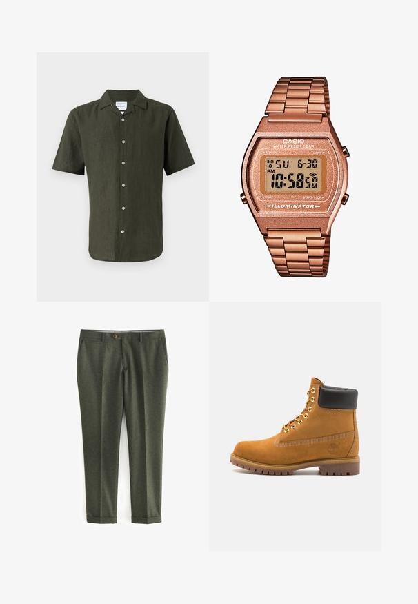 Zelený vlněný blejzr s klopovým límcem, hnědým zapínáním na knoflík a dvěma předními kapsami. Interiér obsahuje vzorovanou podšívku a kapesník.; Krátký rukáv, tmavě zelená lněná košile s límečkem, zapínání na knoflíky vpředu a rovný lem. Texturovaná látka s mírným leskem.; Bílý bavlněný top na ramínka s kulatým výstřihem, širokými ramínky a rovním lemem, s hladkou texturou a bez viditelných vzorů.; Tmavě zelené kalhoty vyrobené z texturované tkaniny, se bočními kapsami, předním zapínáním na knoflík a ohrnutými manžetami pro upravený vzhled.; Hnědé semišové kotníkové boty s černým polstrovaným límcem, zlatými kovovými očky, bílým prošíváním a odolnou gumovou podrážkou s výraznými drážkami.; Digitální hodinky Casio s kovovým řemínkem v růžovém zlatě, obdélníkovým pouzdrem, podsvíceným displejem a vodotěsností, zobrazující čas a datum.