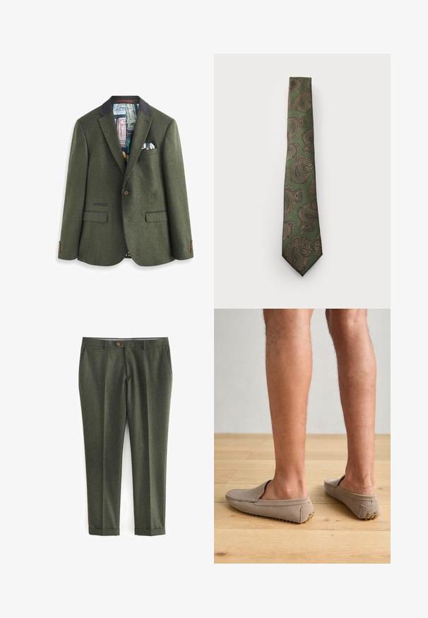 Zeleni vuneni sako s izrezanim ovratnikom, smešnim dugmetom i dva prednja džepa. Unutrašnjost sakoa ima uzorčanu podstavu i maramicu.; YOURTURN UNISEX 3 PACK BASIC OVERSIZED T-SHIRT - Osnovna majica kratkih rukava - dark brown/off-white/dark grey; Tamnozelene hlače od teksturiranog materijala, s bočnim džepovima, prednjim zatvaranjem na dugme i okoštanim manžetama za krojeni izgled.; Bež zamšene cipele na vezanje s zaobljenim prstima i dekorativnim šavovima, s teksturiranim gumenim potplatima s malim zlatnim akcentima.; Zelena kravata s uzorkom paisley u smeškastoj i zlatnoj boji. Ova kravata ima teksturirani materijal i uski dizajn s oštrim vrhom.; Digitalni Casio sat s metalnom narukvicom u ružičastom zlatu, pravokutnim kućištem, osvijetljenim zaslonom i vodootpornošću, prikazuje vrijeme i datum.