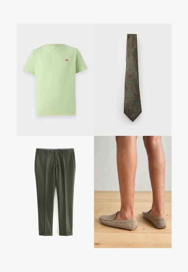 Zaļš vilnas žakets ar iegriezumu apkakli, brūnas pogas aizdare un divas priekšējās kabatas. Iekšpuse ar rakstainu podkātiņu un kabatas kvadrātu.; Gai zaļš kokvilnas T-krekls ar apaļu kakla izgriezumu, īsām piedurknēm un mazu sarkanu Levi's logo izšuvumu kreisajā augšējā daļā. Mīksta tekstūra.; Tumši zaļi bikses, kas izgatavotas no teksturēta auduma, ar sānu kabatām, priekšējo pogu aizdari un rullētām piedurknēm elegantam izskatam.; Bežs zamšādas slip-on apavi ar noapaļotu purngalu un dekoratīvo šuvumu, ar reljefa gumijas zoli, kurai pievienoti mazi zelta akcenti.; Zaļš kaklasaite ar brūnu un zeltainu paisley rakstu. Tai ir teksturēta auduma virsma, šaura forma un norādīts gals.; Digitālais Casio pulkstenis ar rozā zelta metāla siksniņu, taisnstūra korpusu, apgaismotu displeju un ūdensizturību, kas attēlo laiku un datumu.