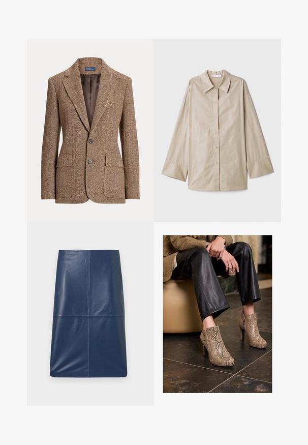 Hnedý vlněný blazer v rybí kostce s klopami, dvoma prednými vreckami s klopou, dvoma gombíkmi a hladkým hnedým podšívkou.; Béžová košeľa s dlhými rukávmi, veľkým špicatým golierom, s gombíkovým zapínaním a širokými manžetami. Vyrobená z hladkej, ľahkej tkaniny.; Námornícka kožená ceruzková sukňa s hladkou, lesklou textúrou, s jednoduchým, aerodynamickým dizajnom a rovný strih. Žiadny viditeľný kovový prítok.; Osoba oblečená v čiernych kožených nohaviciach a béžových členkových topánkach na vysokých podpätkoch so vzorom hadej kože, sedí na béžovom sedadle vo vnútri.