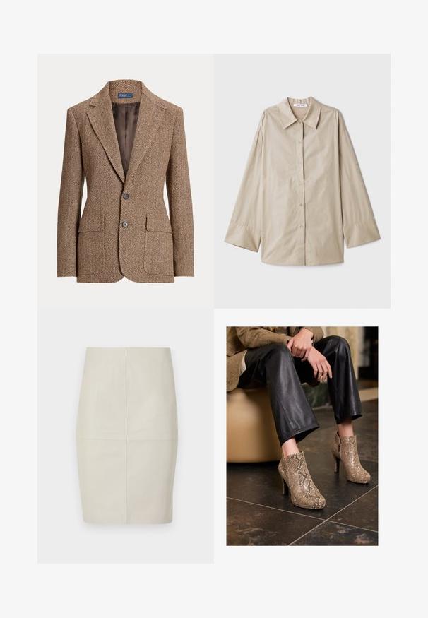 Barna herringbone mintás gyapjú blézer, befelé hajló hajtókákkal, két kabátzsebbel, két gombbal és sima barna bélésben.; Beige hosszú ujjú ing, nagy hegyes gallérral, gombos elülső résszel és széles ujjak végeivel. Simább, könnyű anyagból készült.; Világos bézs bőrcsíkos szoknya függőleges varratokkal, merev formával és sima felülettel, közepes magasságú derékkal és látható szerelvények nélkül.; Fekete bőrnadrágot és bézs kígyómintás magassarkú bokacsizmát viselő személy ül egy bézs ülésen, benti térben.
