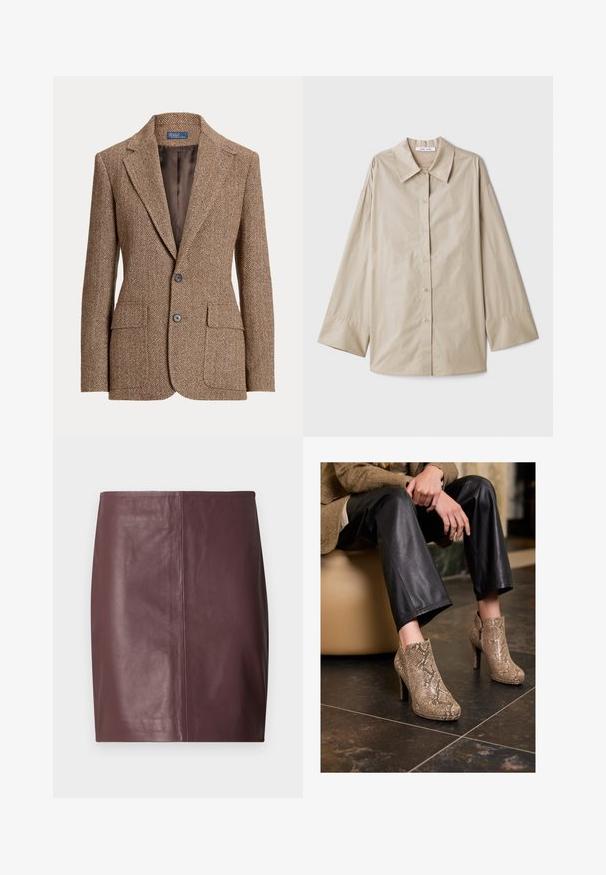 Brown herringbone wool blazer with notch lapels, two front flap pockets, two buttons, and smooth brown inner lining.; Beige long-sleeve shirt with a large pointed collar, button front, and wide sleeve cuffs. Made from a smooth, lightweight fabric.; Dark brown leather pencil skirt with a straight, smooth front and subtle vertical seam detail down the center.; Person wearing black leather pants and beige snakeskin-patterned high-heeled ankle boots, sitting on a beige seat indoors.