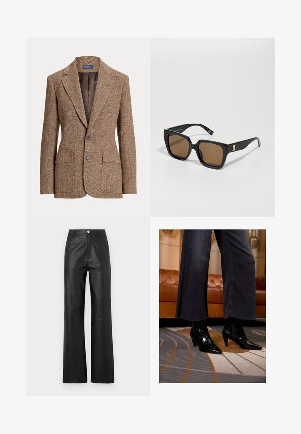 Polo Ralph Lauren HERRINGBONE LINEN BLEND BLAZER - Blejzr - brown/cream; Béžová košile s dlouhým rukávem, velkým špičatým límcem, knoflíkovým zapínáním a širokými manžetami. Vyrobena z hladkého, lehkého materiálu.; Černé kožené kalhoty s hladkou texturou, široký střih nohavic, zapínání na knoflík vpředu a jemné švy.; Černé kožené ankle boot s špičatou špičkou a texturovaným povrchem, nošené pod roztrhaným černým kalhotami s širokými nohavicemi na vzorovaném koberci.; Černé obdélníkové sluneční brýle s hnědými skly, s zlatým akcentem na nožičce. Hladký plastový materiál a široký design rámu.