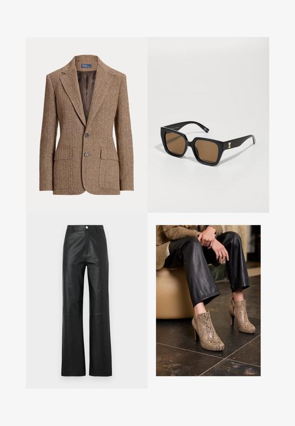 Barna herringbone mintás gyapjú blézer, befelé hajló hajtókákkal, két kabátzsebbel, két gombbal és sima barna bélésben.; Beige hosszú ujjú ing, nagy hegyes gallérral, gombos elülső résszel és széles ujjak végeivel. Simább, könnyű anyagból készült.; Fekete bőr nadrág sima textúrával, széles lábú dizájnnal, elöl gombos záródással és diszkrét varrási részletekkel.; Fekete bőrnadrágot és bézs kígyómintás magassarkú bokacsizmát viselő személy ül egy bézs ülésen, benti térben.; Fekete téglalap alakú napszemüveg barna lencsékkel, arany részlettel a szárán. Simább műanyag anyag és széles keret kialakítás.