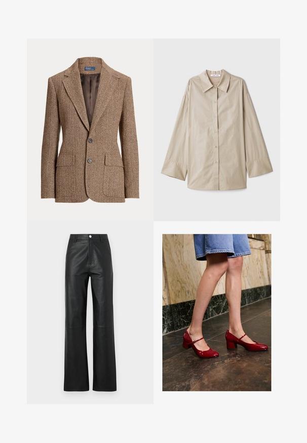 Brauner Herringbone-Wollblazer mit Reverskragen, zwei Fronttaschen mit Klappen, zwei Knöpfen und glatter brauner Innenseite.; Beige Langarmhemd mit großem spitzen Kragen, Knopfleiste und breiten Ärmelbündchen. Hergestellt aus einem glatten, leichten Stoff.; Schwarze Lederhosen mit glatter Textur, weitem Bein, Frontknopfverschluss und dezenten Nähdetails.; Person in glänzenden roten Mary Jane Blockabsätzen und einem blauen Jeansrock, der auf einem dunklen Fliesenboden neben einer Marmorwand steht.