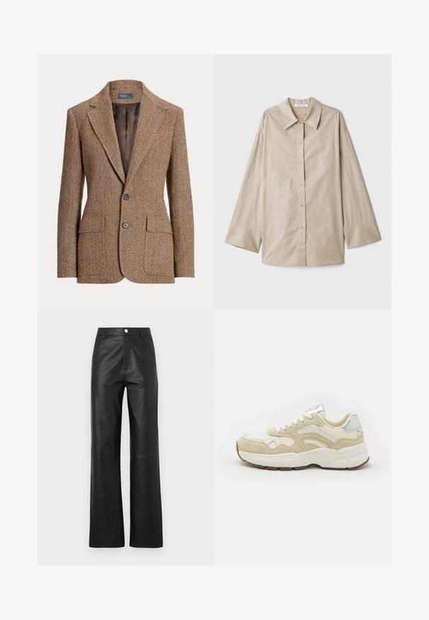 Brown herringbone wool blazer with notch lapels, two front flap pockets, two buttons, and smooth brown inner lining.; Beige long-sleeve shirt with a large pointed collar, button front, and wide sleeve cuffs. Made from a smooth, lightweight fabric.; Black leather pants with a smooth texture, wide leg design, front button closure, and subtle stitching details.; Beige sneaker with suede and mesh materials, rounded toe, and white laces. Silver accents on heel and tongue, textured rubber sole.