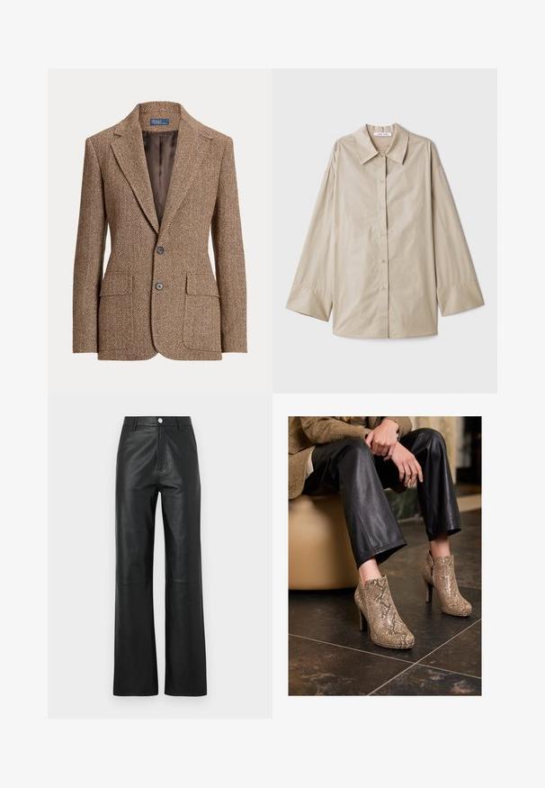 Blazer in lana a motivo a spina di pesce marrone con rever a lancia, due tasche a patta frontali, due bottoni e foderato in morbido tessuto marrone.; Camicia beige a maniche lunghe con un ampio colletto a punta, chiusura con bottoni e polsini larghi. Realizzata in un tessuto morbido e leggero.; Pantaloni in pelle nera con una texture liscia, design a gamba larga, chiusura anteriore con bottone e dettagli di cucitura discreti.; Persona vestita con pantaloni in pelle nera e stivali alla caviglia con tacco alto in pelle d'anguilla beige, seduta su una sedia beige all'interno.