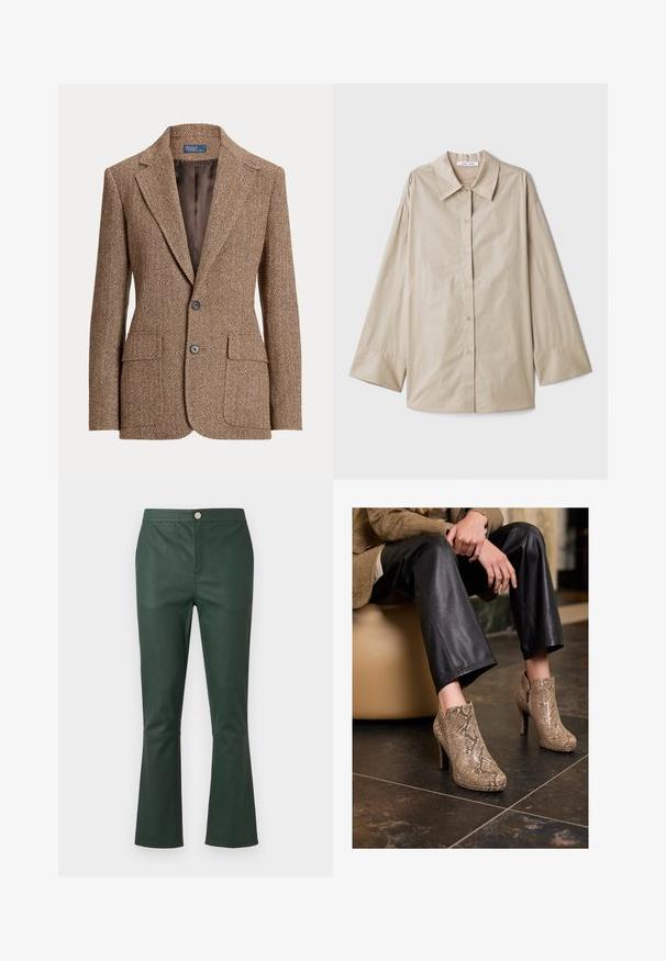 Pruun herringbone villast bleiser, millel on nurgelised kraed, kaks esi- jaotustaskut, kaks nuppu ja sile pruun vooder.; Beige pika-sammiga särk, millel on suur terav krae, nööpidega eesosa ja laiad varrukate mansetid. Valmistatud siledast, kergest kangast.; Tumedast rohelisest nahast laienevad püksid kõrge vöökohaga, millel on esikott ja metallist nööbiga sulgemine. Sile tekstuur, ilma mustriteta.; Isik, kes kannab musti nahkpükse ja beeži madu nahast kõrge kontsaga ankle saapaid, istub beežil istmel siseruumides.