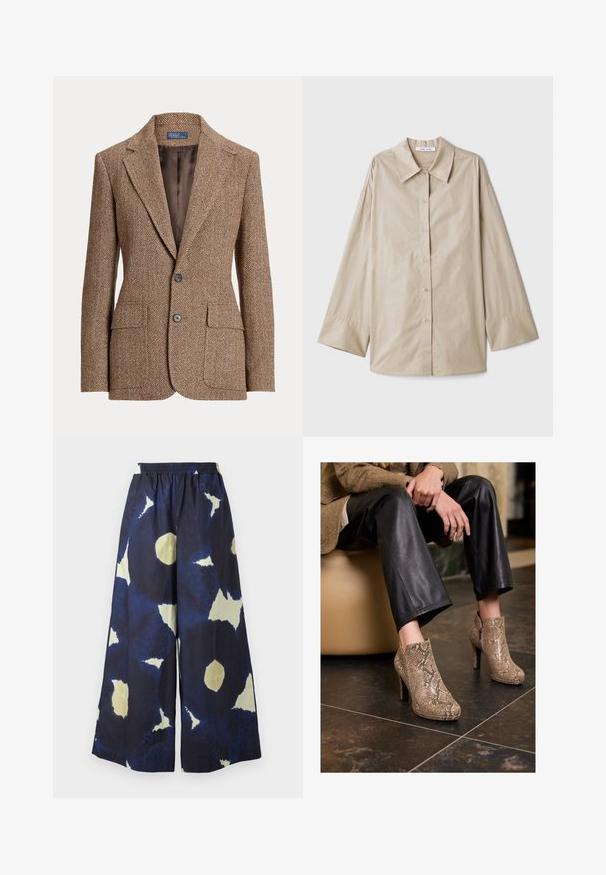 Brown herringbone wool blazer with notch lapels, two front flap pockets, two buttons, and smooth brown inner lining.; Beige long-sleeve shirt with a large pointed collar, button front, and wide sleeve cuffs. Made from a smooth, lightweight fabric.; Blue and cream patterned wide-leg pants with an elastic waistband. Material appears lightweight and textured. Features irregular shapes throughout.; Person wearing black leather pants and beige snakeskin-patterned high-heeled ankle boots, sitting on a beige seat indoors.
