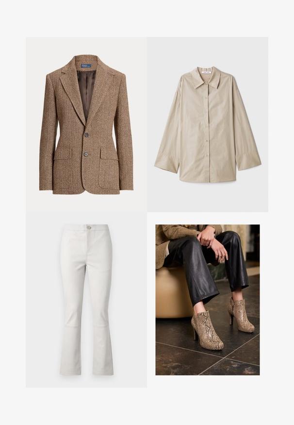 Rjav herringbone volnen blazer z notch ovratnikom, dvema sprednjima žepoma s poklopcem, dvema gumboma in gladkim rjavim notranjim oblogom.; Bež srajca z dolgimi rokavi, z velikim ostrim ovratnikom, gumbasto sprednjo zaponko in širokimi manšetami. Narejena iz gladkega, lahkega materiala.; Svetlo sivi razširjeni hlače iz bombažne mešanice. Imajo sprednje žepke, zapiranje na gumb in subtilne šive ob šivih.; Oseba v črnih usnjenih hlačah in bež visokih čevljih z vzorcem kače, sedeča na bež sedežu v notranjosti.