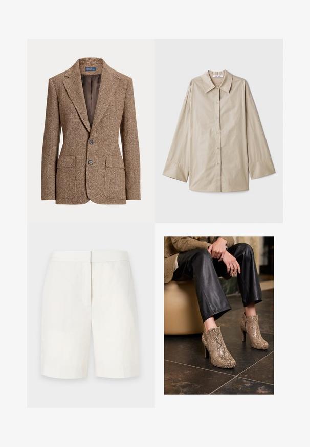 Smeđi vuneni blazer u riblju kost s reverima, dva prednja džepa s flapom, dva gumba i glatkom smeđom podstavom.; Bežina košulja dugih rukava s velikim šiljastim ovratnikom, kopčanjem sprijeda i širokim manžetama. Izrađena od glatkog, laganog materijala.; Bijele pamučne kratke hlače ravnog kroja, s ravnim prednjim dijelom i suptilnom teksturom. Imaju pojas i nevidljive džepove. Jednostavan dizajn.; Osoba koja nosi crne kožne hlače i bež čizme s uzorkom zmijske kože s visokom petom, sjedi na bež sjedalu unutra.