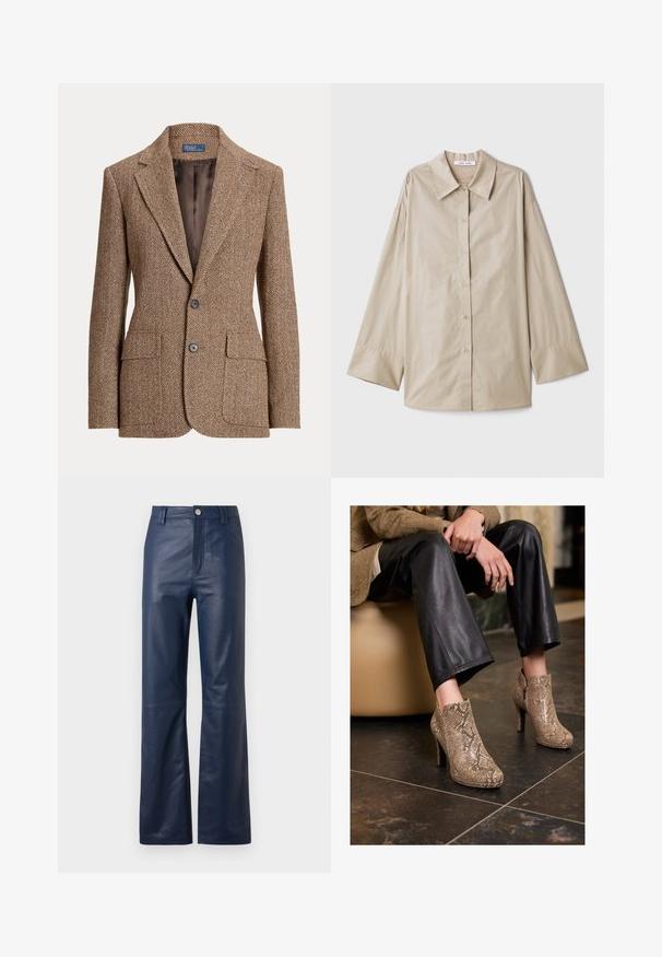 Hnedý vlněný blazer v rybí kostce s klopami, dvoma prednými vreckami s klopou, dvoma gombíkmi a hladkým hnedým podšívkou.; Béžová košeľa s dlhými rukávmi, veľkým špicatým golierom, s gombíkovým zapínaním a širokými manžetami. Vyrobená z hladkej, ľahkej tkaniny.; Námornícka modré kožené nohavice so strihom rovného nohavice, s predným zipsom, zapínaním na gombík a hladkým povrchom.; Osoba oblečená v čiernych kožených nohaviciach a béžových členkových topánkach na vysokých podpätkoch so vzorom hadej kože, sedí na béžovom sedadle vo vnútri.