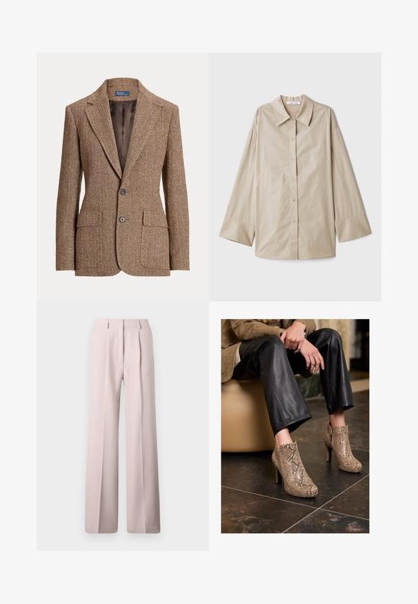Blazer din lână maro în carouri hașurate, cu rever în notă, două buzunare frontale cu clapetă, două nasturi și căptușeală interioară netedă maro.; Cămașă bej cu mânecă lungă, cu un colier mare, ascuțit, cu închidere cu butoane la față și mansete late. Confecționată dintr-un material neted și ușor.; Pantaloni largi de culoare roz deschis, cu o textură netedă, având pliuri frontale și un brâu adaptat. Fără accesorii sau modele vizibile.; Persoană îmbrăcată în pantaloni din piele neagră și cizme cu toc înalt, cu model de șarpe bej, așezată pe un scaun bej în interior.