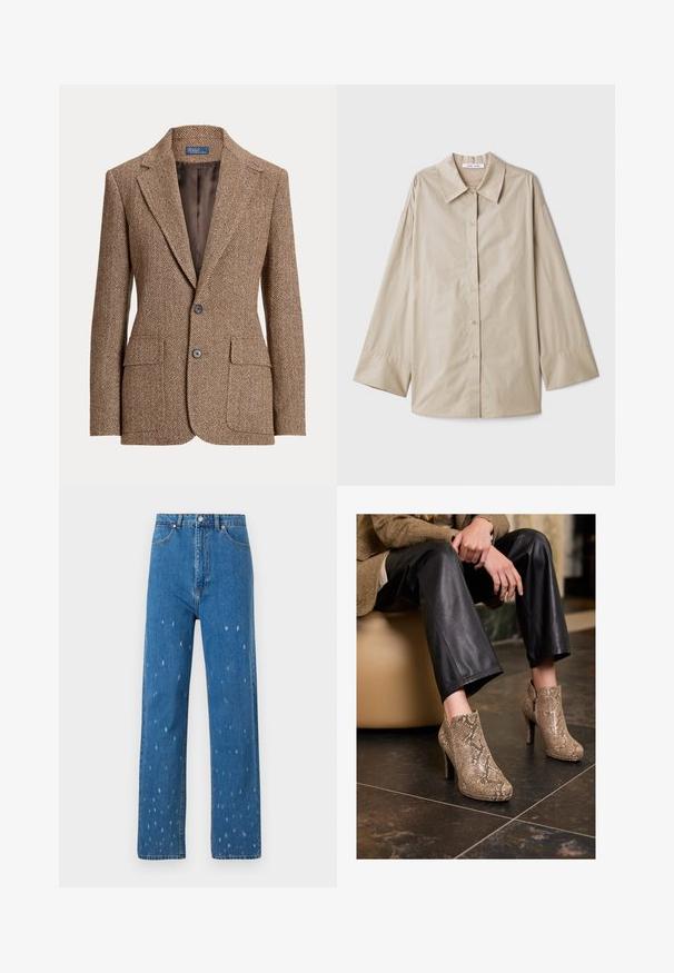 Bruine herringbone wollen blazer met notch revers, twee voorflapzakken, twee knopen en een gladde bruine voering.; Beige langmouwen shirt met een grote puntige kraag, knopen aan de voorkant en brede manchetten. Gemaakt van een soepele, lichte stof.; Blauwe denim straight-leg jeans met versleten details, met een hoge taille, vijf zakken en een klassieke knoop- en ritssluiting.; Persoon in zwarte leren broek en beige slangenleerpatroon hoge hakken enkelschoenen, zittend op een beige stoel binnenshuis.