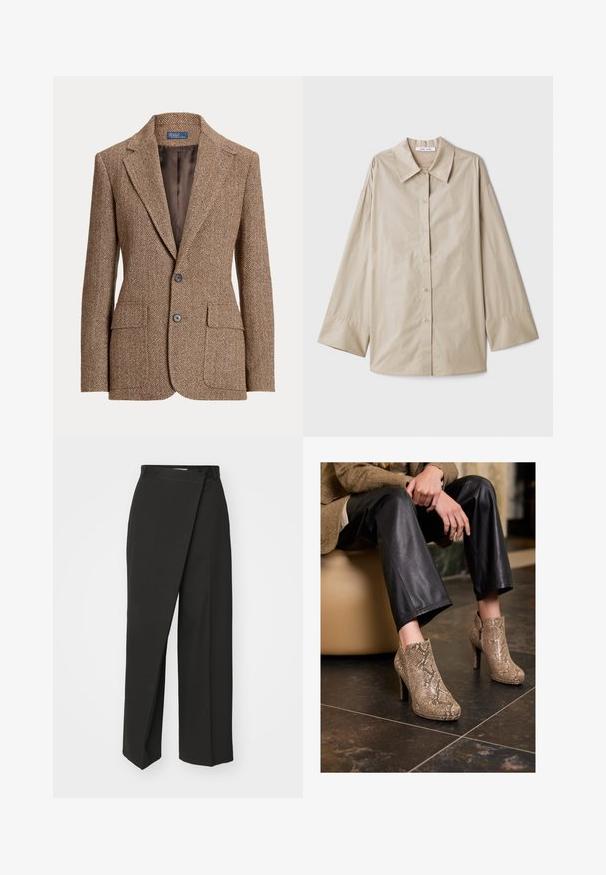 Brązowa marynarka w kratę herringbone z wełny, z klapami typu notch, dwiema przednimi kieszeniami z klapami, dwiema guzikami i gładką brązową podszewką.; Beżowa koszula z długim rękawem, dużym spiczastym kołnierzem, z zapięciem na guziki oraz szerokimi mankietami. Wykonana z gładkiego, lekkiego materiału.; Czarne spodnie o konstrukcji zakładkowej, szerokich nogawkach i gładkim, sztywnym materiale. Brak widocznych wzorów lub akcentów.; Osoba w czarnych skórzanych spodniach i beżowych botkach na wysokim obcasie w wzór węża, siedząca na beżowym siedzeniu w pomieszczeniu.