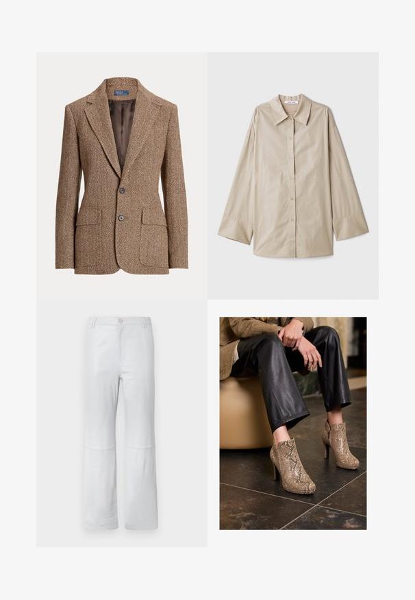Blazer en laine marron à motif chevrons, avec des revers à cran, deux poches avant à rabat, deux boutons et une doublure intérieure marron lisse.; Chemise beige à manches longues avec un grand col pointu, fermeture à boutons, et larges poignets. Fabriquée dans un tissu lisse et léger.; Pantalons blancs, fuselés, en tissu lisse ; dotés d'une poche avant, de coutures cousues et d'une fermeture à bouton. Sans motifs ni embellissements.; Personne portant un pantalon en cuir noir et des bottines à talons hauts en simili cuir serpent beige, assise sur un siège beige à l'intérieur.