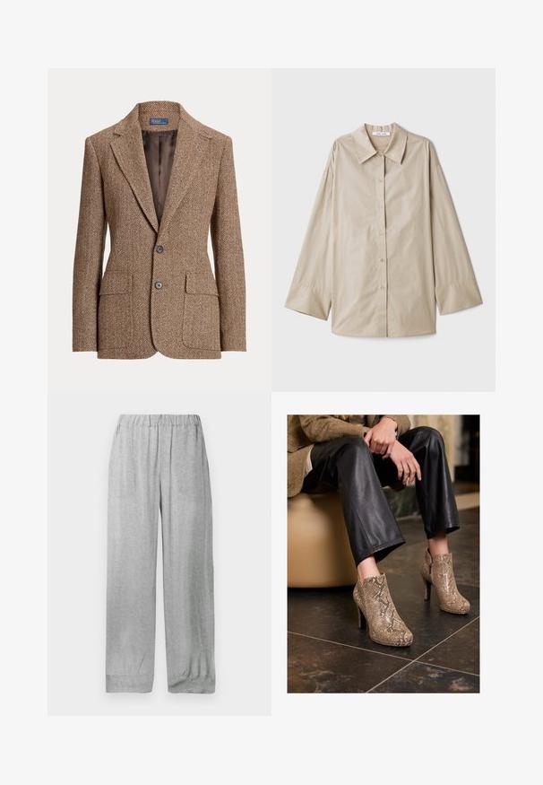 Pruun herringbone villast bleiser, millel on nurgelised kraed, kaks esi- jaotustaskut, kaks nuppu ja sile pruun vooder.; Beige pika-sammiga särk, millel on suur terav krae, nööpidega eesosa ja laiad varrukate mansetid. Valmistatud siledast, kergest kangast.; Helehallid elastse vöökohaga püksid peene valge lillemustriga üle kogu pinna, sirge ja lai lõige ning pööratud sääreotstega.; Isik, kes kannab musti nahkpükse ja beeži madu nahast kõrge kontsaga ankle saapaid, istub beežil istmel siseruumides.