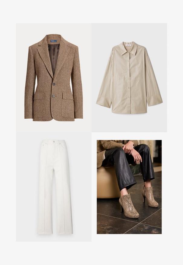 Blazer en laine marron à motif chevrons, avec des revers à cran, deux poches avant à rabat, deux boutons et une doublure intérieure marron lisse.; Chemise beige à manches longues avec un grand col pointu, fermeture à boutons, et larges poignets. Fabriquée dans un tissu lisse et léger.; Pantalon large en denim blanc à taille haute, avec des coutures verticales et une fermeture à bouton à l'avant. Texturé lisse avec un design épuré.; Personne portant un pantalon en cuir noir et des bottines à talons hauts en simili cuir serpent beige, assise sur un siège beige à l'intérieur.