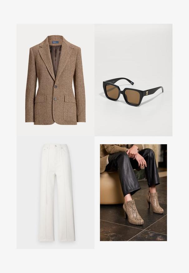 Rudas herringbone audinio švarkas su notch tipo apykakle, dviem priekinėm kišenėm su uždengimais, dviem boutonais ir lygaus rudo vidinio pamušalo.; Bežinė ilgomis rankovėmis marškiniai su dideliu smailiu apykakle, priekyje mygtukais ir plačiomis rankovių apykaklėmis. Pagaminti iš lygaus, lengvo audinio.; Balti džinsai su platėjančiomis kojomis ir aukštu juosmeniu, turintys vertikalią siuvinėjimo struktūrą ir priekinį užsegimą mygtuku. Lygus paviršius su švariu dizainu.; Asmuo vilkintis juodus odinius kelnes ir kreminės spalvos gyvatės odos raštą turinčius aukštakulnius aulinukus, sėdi ant šviesiai rudo sėdynės patalpose.; Juodos stačiakampės saulės akinių su rudais objektyvais, su auksiniu akcentu ant šoninės dalies. Sklandžiai apdirbtas plastikas ir plati rėmo konstrukcija.