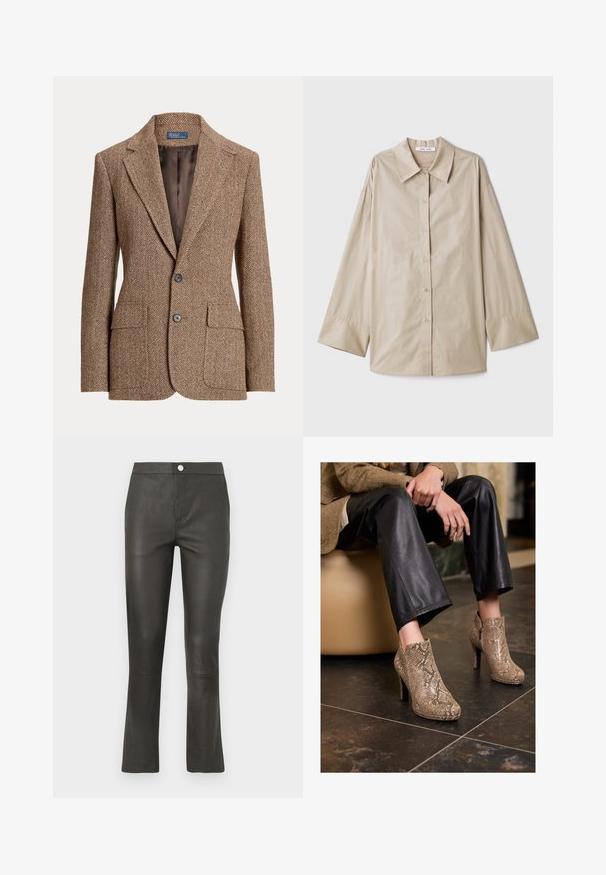 Rudas herringbone audinio švarkas su notch tipo apykakle, dviem priekinėm kišenėm su uždengimais, dviem boutonais ir lygaus rudo vidinio pamušalo.; Bežinė ilgomis rankovėmis marškiniai su dideliu smailiu apykakle, priekyje mygtukais ir plačiomis rankovių apykaklėmis. Pagaminti iš lygaus, lengvo audinio.; Juodos odinės kelnės su prigludusia forma, tiesiomis kojomis ir subtiliomis siuvimo detalėmis. turi priekinį užsegimą su saga ir neturi kišenių.; Asmuo vilkintis juodus odinius kelnes ir kreminės spalvos gyvatės odos raštą turinčius aukštakulnius aulinukus, sėdi ant šviesiai rudo sėdynės patalpose.