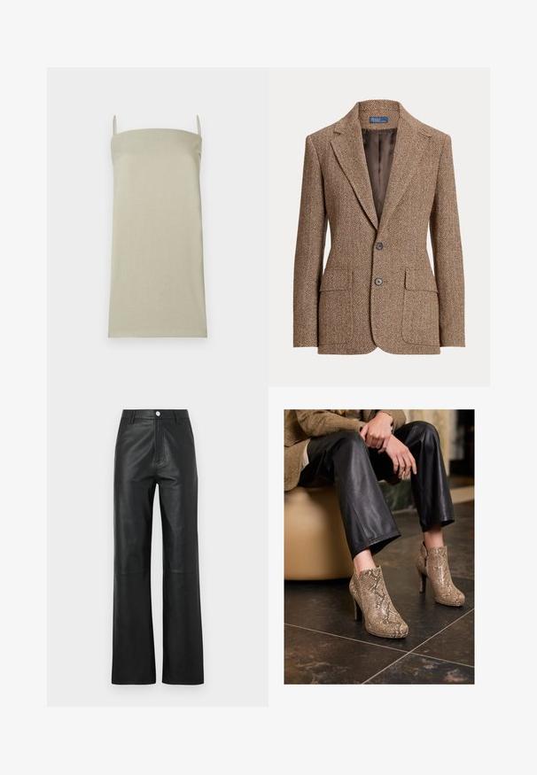 Brown herringbone wool blazer with notch lapels, two front flap pockets, two buttons, and smooth brown inner lining.; Light beige camisole top with thin straps, made of a textured fabric. Straight cut design with no patterns or additional accents.; Black leather pants with a smooth texture, wide leg design, front button closure, and subtle stitching details.; Person wearing black leather pants and beige snakeskin-patterned high-heeled ankle boots, sitting on a beige seat indoors.