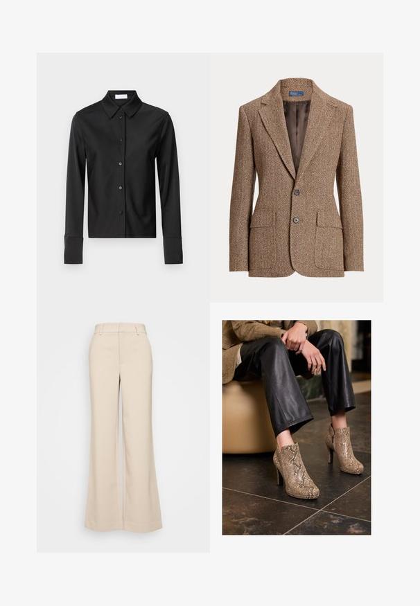 Brown herringbone wool blazer with notch lapels, two front flap pockets, two buttons, and smooth brown inner lining.; Black long-sleeve shirt with a structured collar, front button closure, and tailored silhouette. Features smooth, lightweight fabric.; Beige wide-leg trousers with a smooth texture, featuring a high waistband and two front pockets. Clean design with a tailored fit.; Person wearing black leather pants and beige snakeskin-patterned high-heeled ankle boots, sitting on a beige seat indoors.