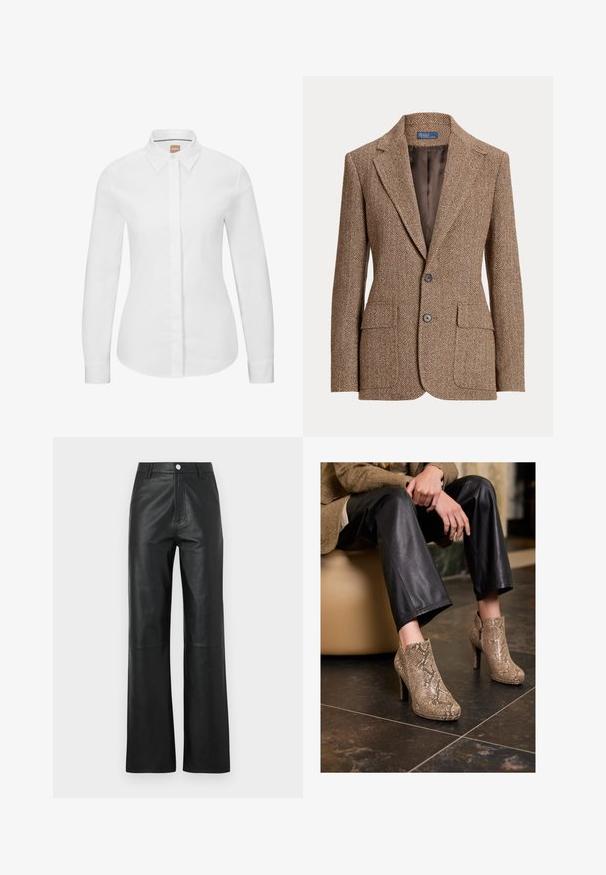 Blazer in lana a motivo a spina di pesce marrone con rever a lancia, due tasche a patta frontali, due bottoni e foderato in morbido tessuto marrone.; Camicia bianca a maniche lunghe con bottoni in cotone fresco, con colletto classico, pattina anteriore e vestibilità su misura. Texture liscia, senza motivi.; Pantaloni in pelle nera con una texture liscia, design a gamba larga, chiusura anteriore con bottone e dettagli di cucitura discreti.; Persona vestita con pantaloni in pelle nera e stivali alla caviglia con tacco alto in pelle d'anguilla beige, seduta su una sedia beige all'interno.