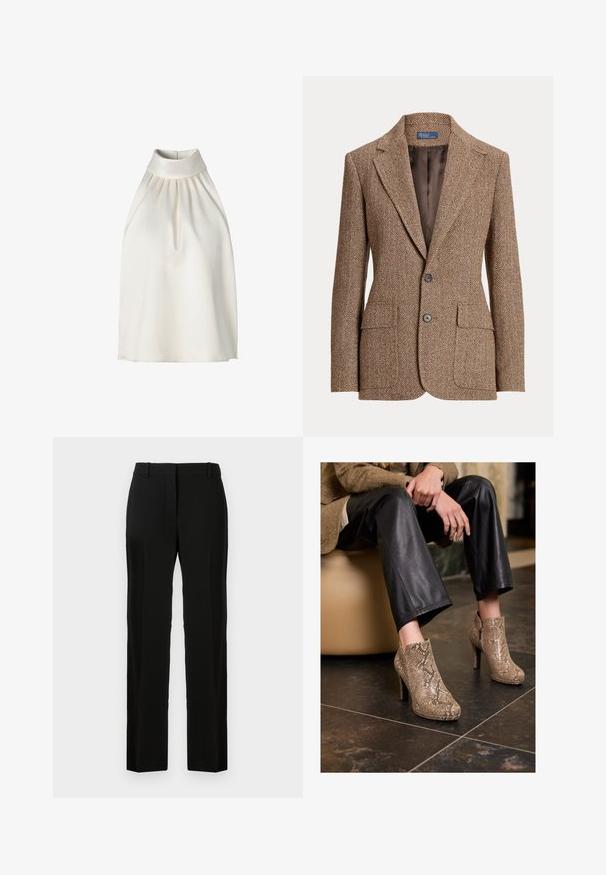 Brun hørfrakke i fiskebensmønster med notch-krave, to forreste klapkasser, to knapper og glat brun inderside.; Haltersløjfe ærmeløs top i glat cremefarvet stof, med plisseringer langs forsiden, en høj krave og en lige nederkant.; Sorte bukser med lige ben, lavet af glat stof, med flad front, bæltestropper og ingen synlige mønstre eller detaljer.; Person iført sorte læderbukser og beige højhælede ankelstøvler med slangeskinds mønster, siddende på en beige stol indendørs.