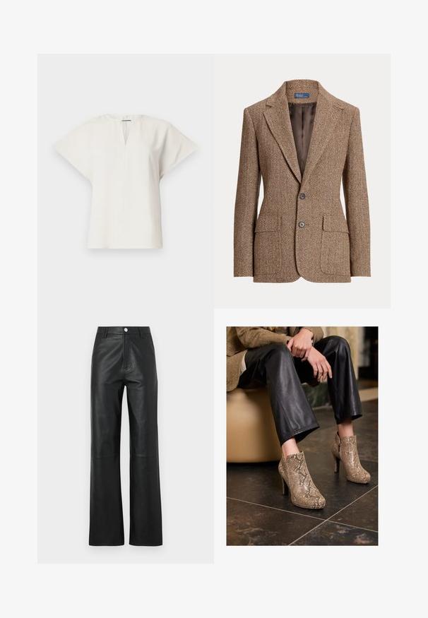 Bruine herringbone wollen blazer met notch revers, twee voorflapzakken, twee knopen en een gladde bruine voering.; Korte mouwen witte top met een V-hals en een ontspannen silhouet. Glad materiaal met een subtiele glans en zijslits voor een vrije beweging.; Zwarte leren broek met een gladde textuur, wijde pijpen, sluiting met een voorknoop en subtiele stikdetails.; Persoon in zwarte leren broek en beige slangenleerpatroon hoge hakken enkelschoenen, zittend op een beige stoel binnenshuis.