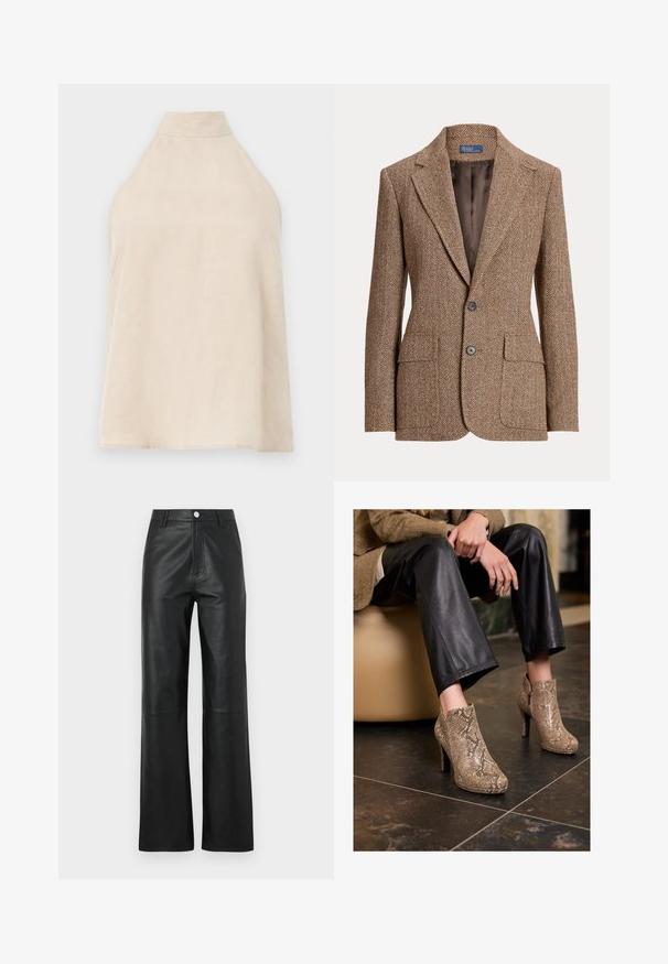 Rjav herringbone volnen blazer z notch ovratnikom, dvema sprednjima žepoma s poklopcem, dvema gumboma in gladkim rjavim notranjim oblogom.; Bež top na halter, brez rokavov, mehak material z gladko teksturo, visok ovratnik in A-linijski kroj. Minimalističen slog.; Črne usnjene hlače z gladko teksturo, širokim krojem, sprednjim gumbom in diskretnimi šivi.; Oseba v črnih usnjenih hlačah in bež visokih čevljih z vzorcem kače, sedeča na bež sedežu v notranjosti.